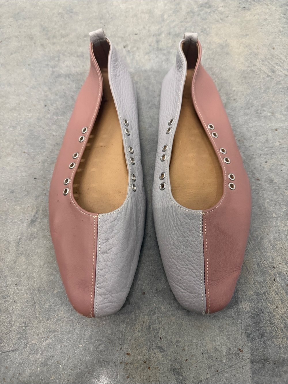 Women's Pink and Light Gray Two-Tone Leather Slip-On Flats